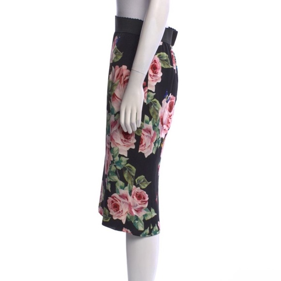 Dolce & Gabbana Silk Skirt Black Green Pink Floral Print Scalloped Grosgrain Zip - Picture 10 of 11
